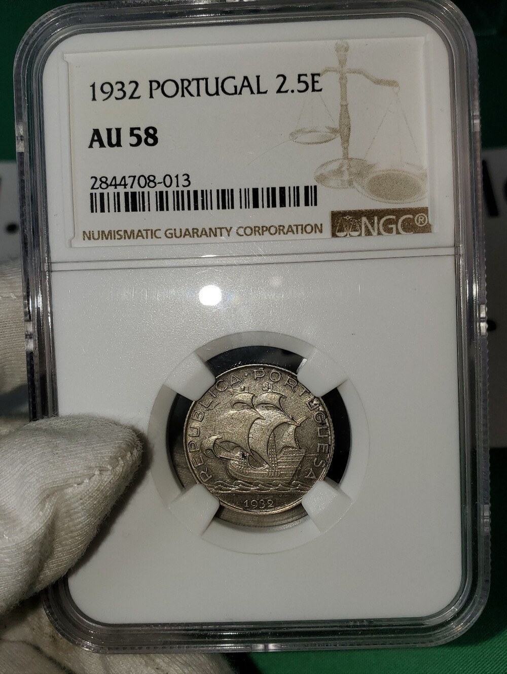 1932 PORTUGAL SILVER 2.5 ESCUDOS SAILING SHIP NGC AU58 NICE BRIGHT COIN